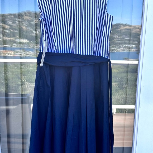 NWT Eliza J Navy Striped Ruffle Neck Sleeveless Dress Fit & Flare Midi Size 8 - Picture 6 of 6